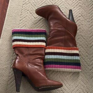 Coach Brown Leather Boots with Striped Knit Cuff Sz 8